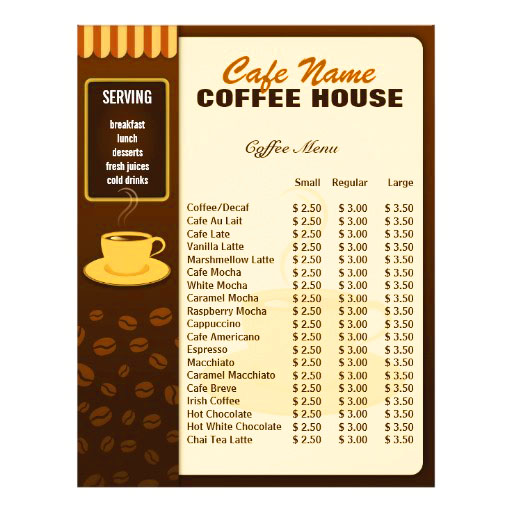 menu đồ uống quán cafe